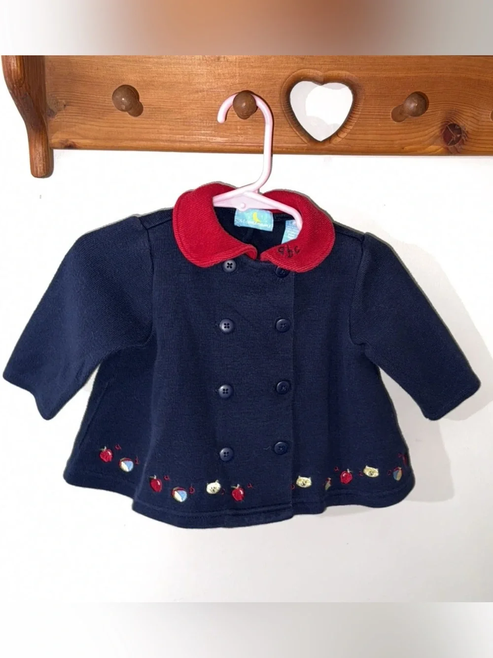 Vintage Moonbeans Navy Knit Jacket Coat 18 Months Red Collar Apple school